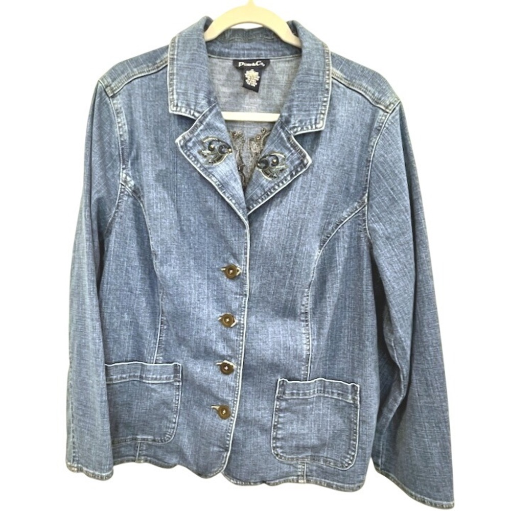 Denim & Co Womens 1X Blue Embroidered Studded Denim Jacket Western Boho